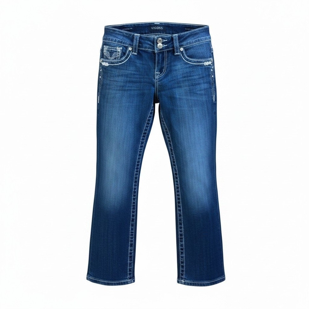 Vigoss‎ The Dublin Capri Jeans Medium Wash Bling Crystal Thick Stitch Size 3/4